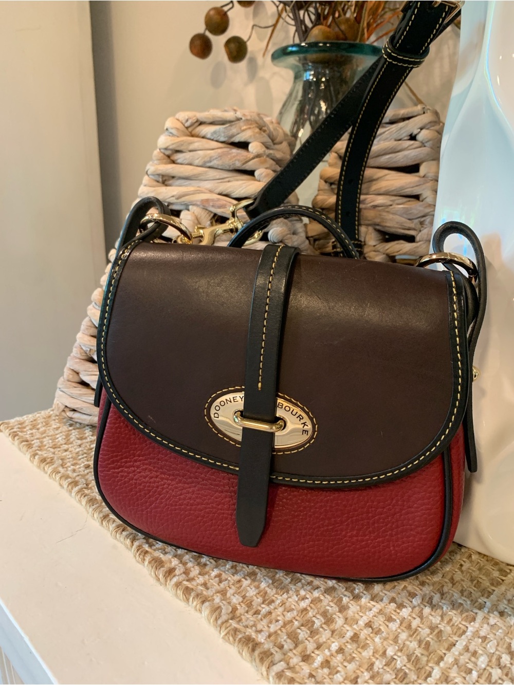 Vintage Dooney & Bourke Brown and Red Leather Saddle Crossbody